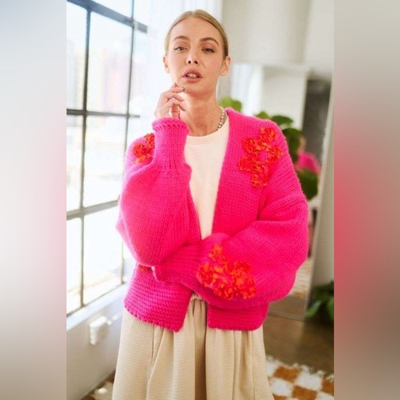 Davi & Dani Floral Applique Open Front Drop Shoulder Cardigan